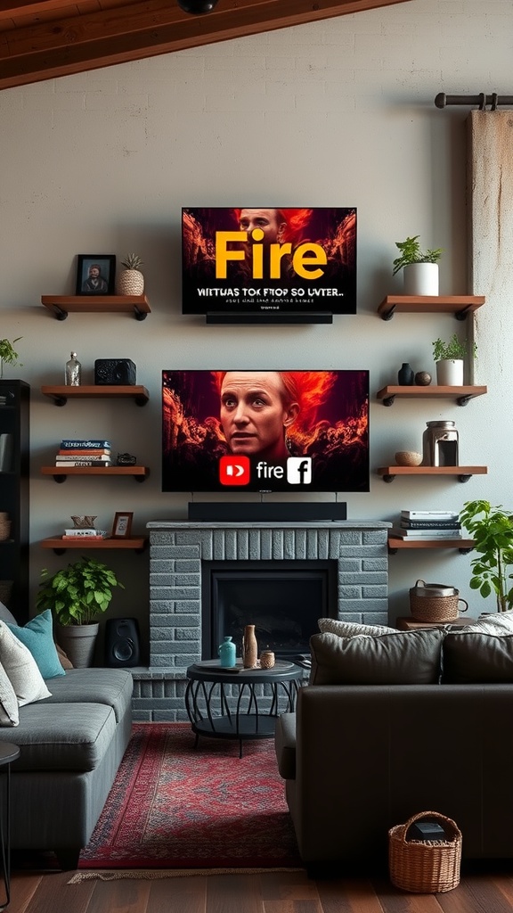 Industrial pipe shelf setup with two TVs and decorative items