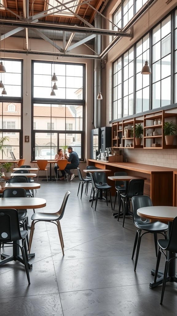Interior of a coffee shop with industrial design, featuring large windows, metal beams, and wooden furniture.