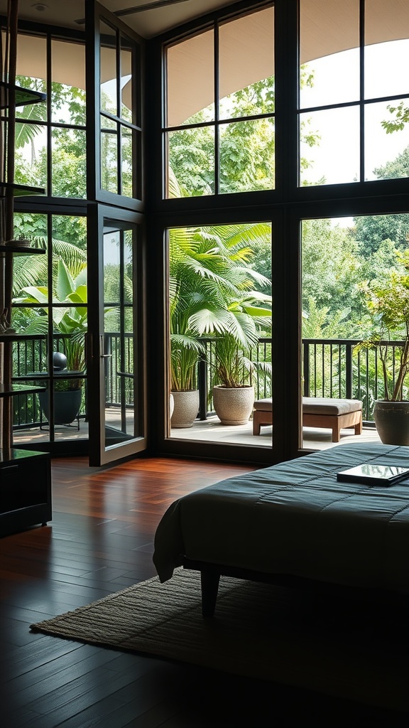 A modern luxury bedroom with large windows opening to an outdoor space filled with greenery.