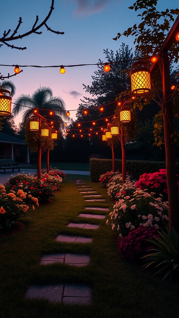 A beautifully lit garden path with lanterns and flowers at dusk.