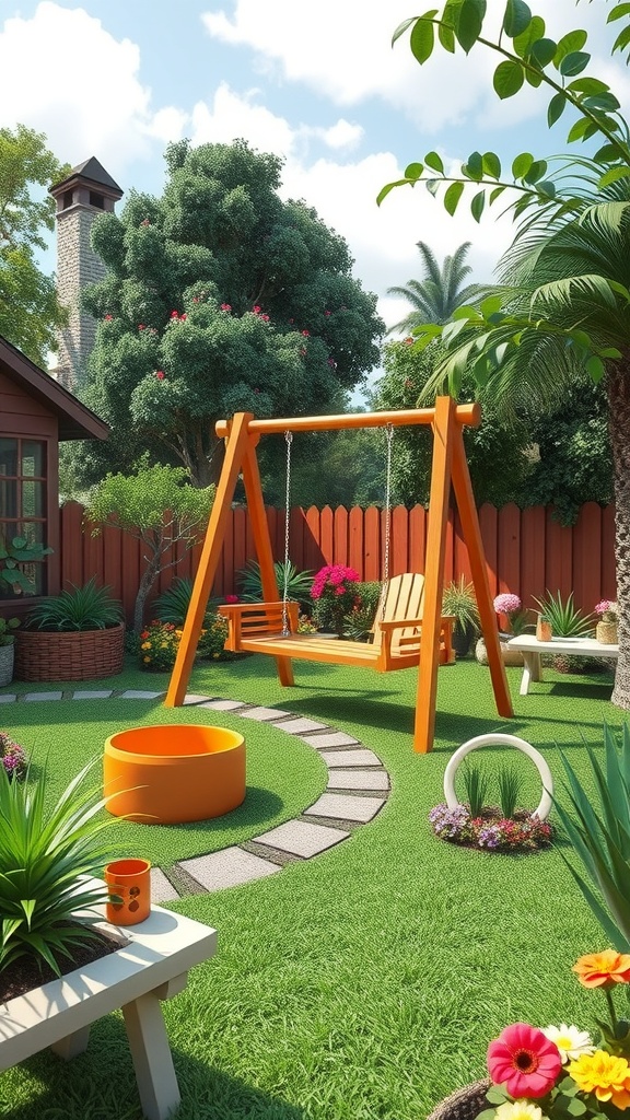 A colorful garden layout in Roblox featuring a swing set, flower pots, and a winding stone path.