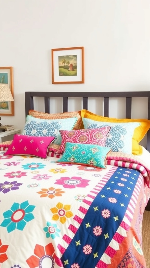 A colorful preppy bedroom with layered bedding featuring floral patterns and decorative pillows.