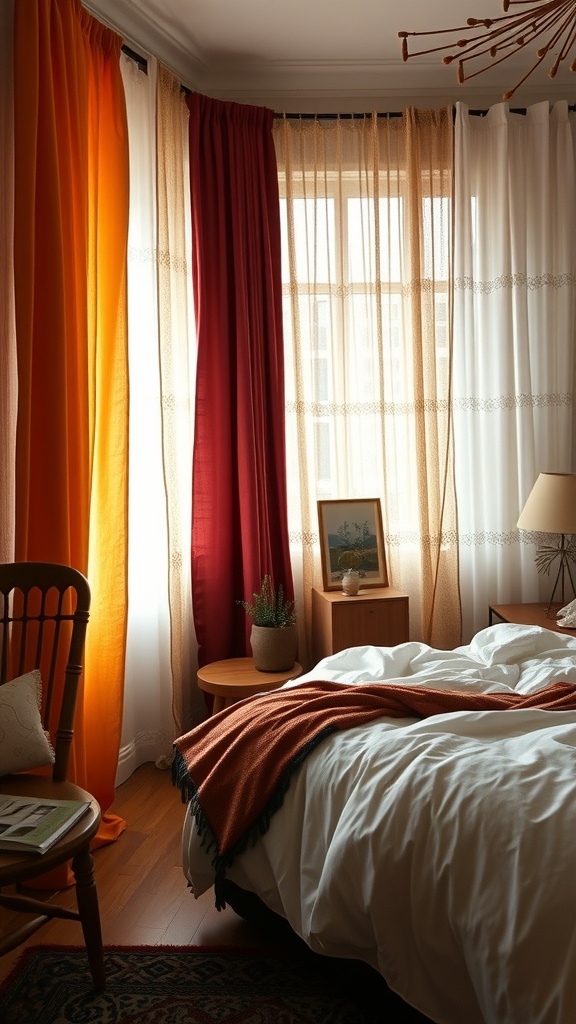 A cozy bedroom with layered curtains in orange, red, and sheer fabrics, showcasing a warm and inviting atmosphere.