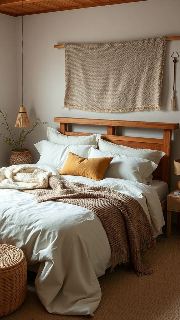 A cozy Japandi bedroom featuring layered textiles, including a white bedspread, textured throws, and a mustard pillow.