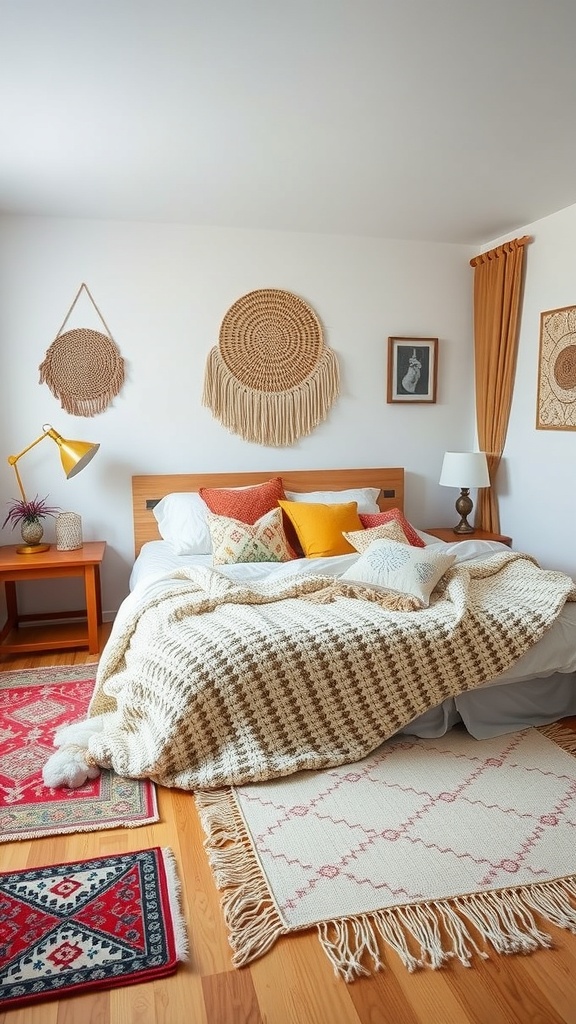 A cozy boho bedroom featuring layered textiles, including a chunky knit blanket, patterned pillows, and decorative rugs.