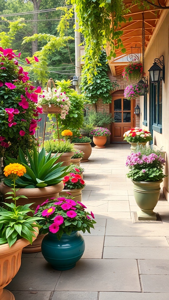 A beautiful patio walkway lined with colorful flower pots and lush greenery.