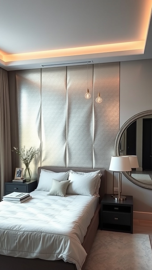 A bedroom featuring a metallic accent wall, modern decor, and soft lighting.