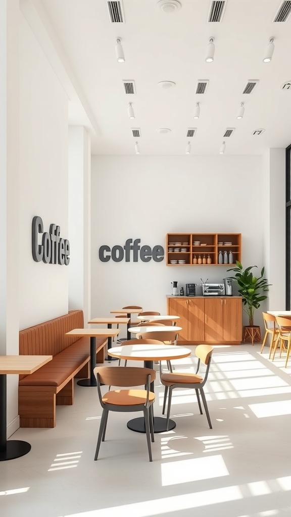 A minimalist coffee shop interior featuring clean lines, light wood furniture, and ample natural light.