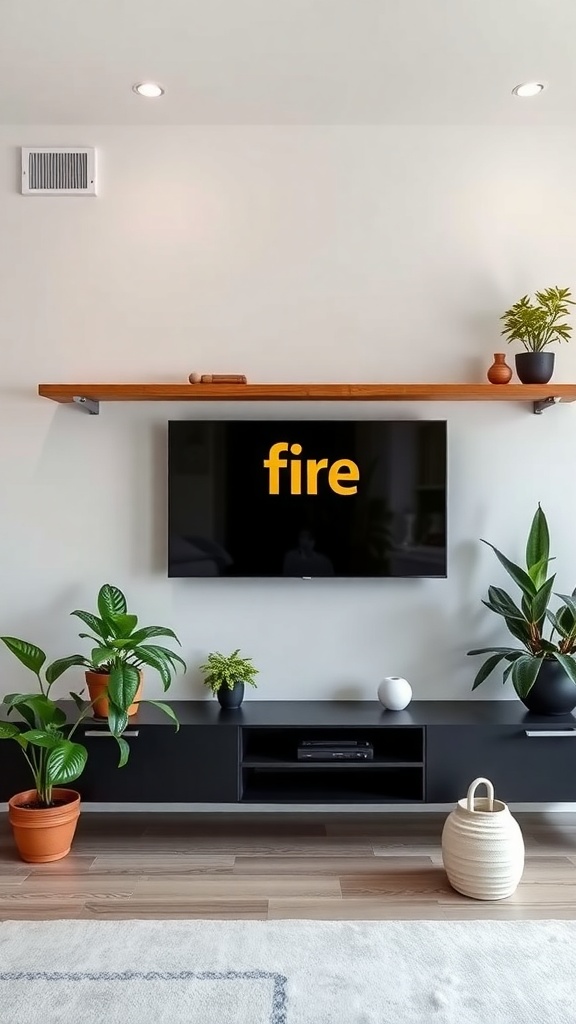 A minimalist living room with a floating wooden shelf above a TV, featuring plants and a media console.