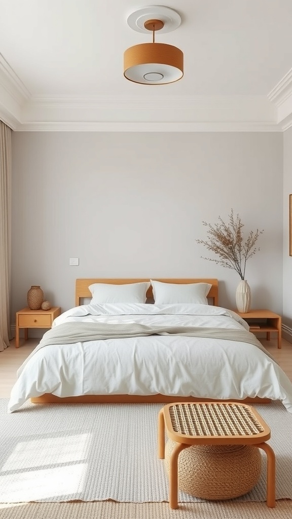 Minimalist Japandi bedroom featuring a wooden bed, neutral bedding, and simple furniture.