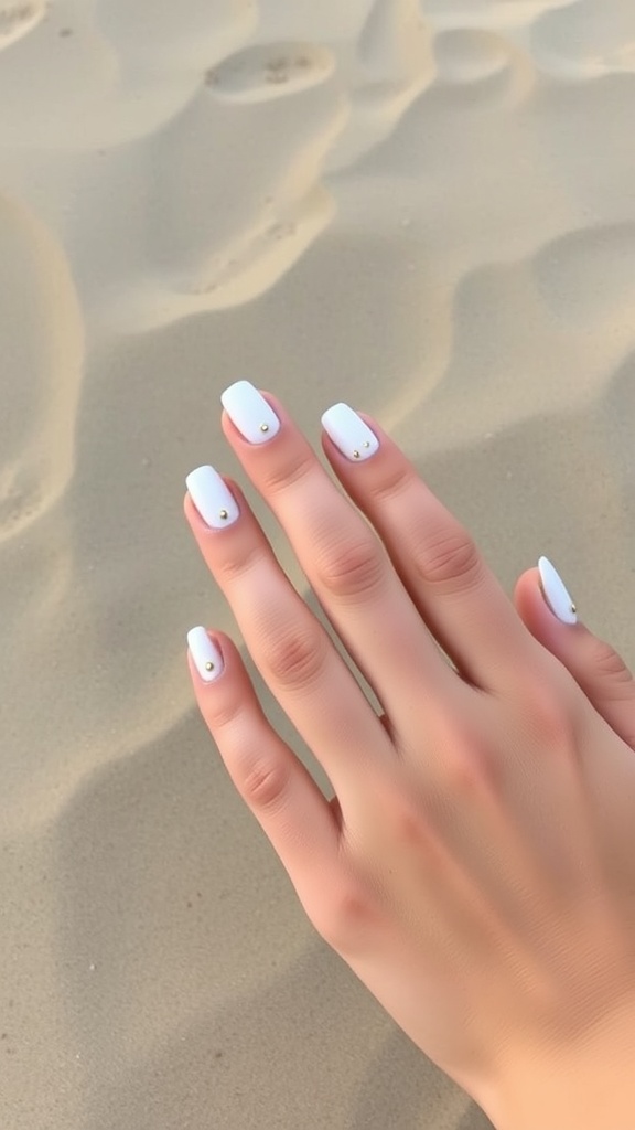 A hand with minimalist white nails featuring gold studs, resting on sandy beach.