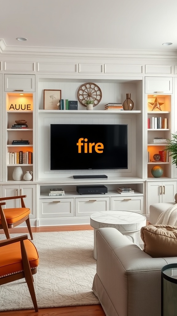 Modern built-in entertainment center with a TV, shelves, and comfortable seating