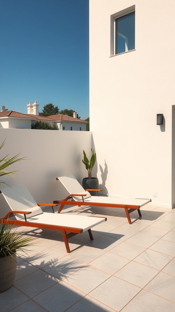 Modern lounge chairs on a patio with a minimalist design and potted plants
