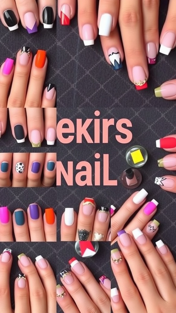 A collection of modern French nail designs featuring various colors and patterns.
