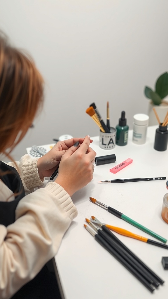 A person working on nail art at a desk with various tools and products.