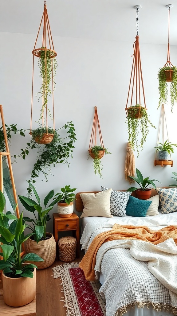 A boho bedroom with hanging plants, potted greenery, and cozy textiles.