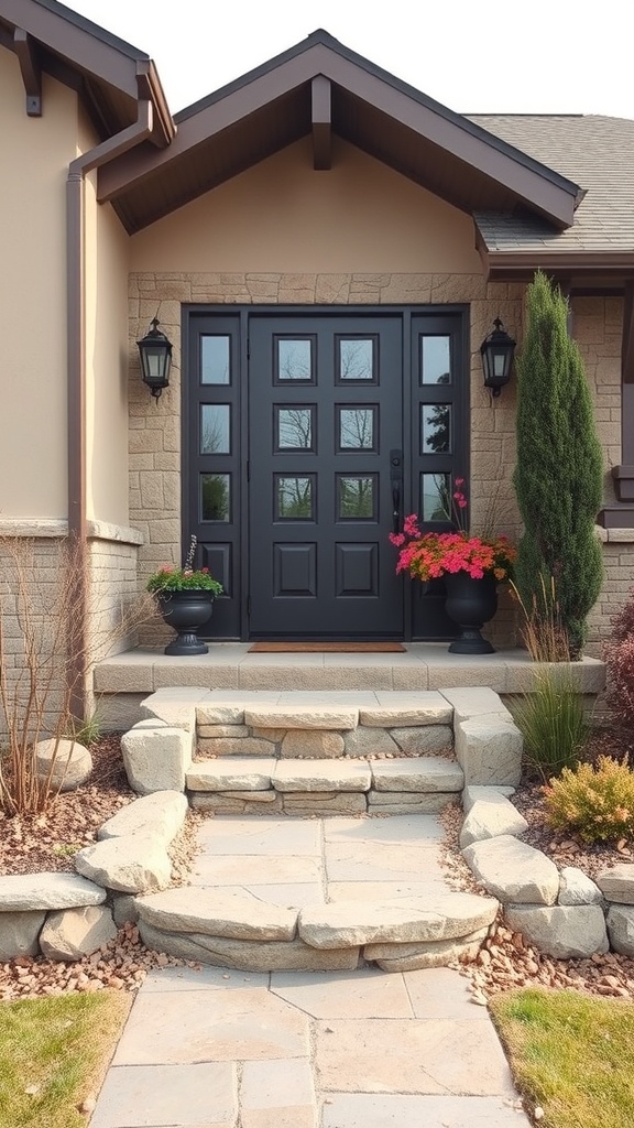 A front entryway featuring natural stone steps leading to a black door, with flower planters on either side.