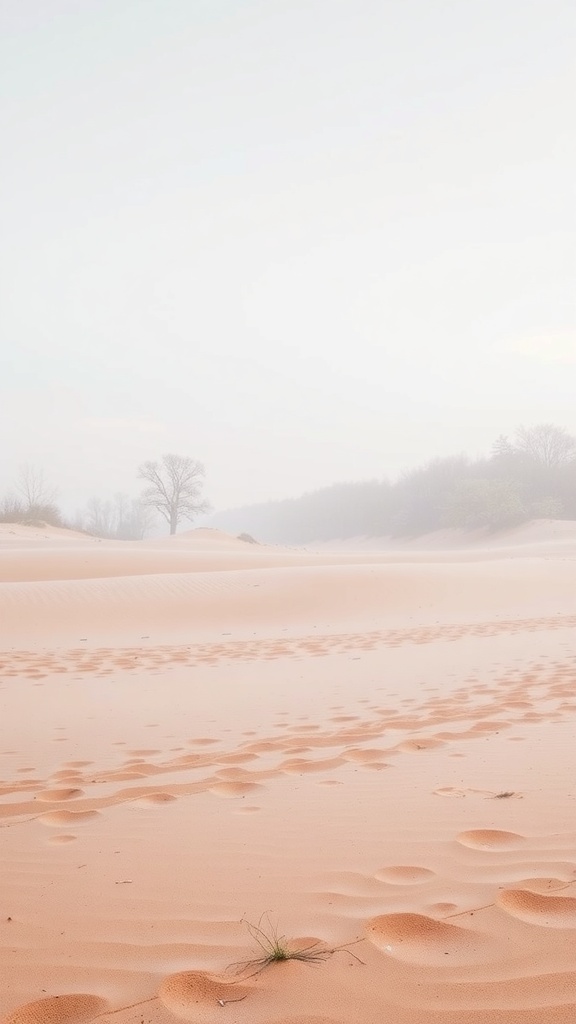 Paisaje de dunas de arena bajo un cielo brumoso con un árbol solitario.