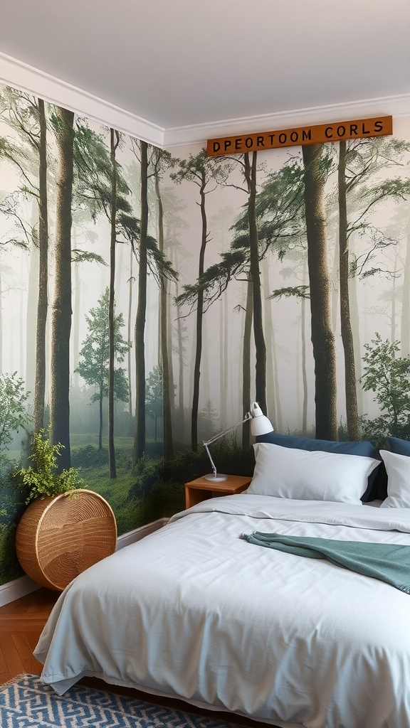 A bedroom featuring a nature-inspired mural of tall trees in a misty forest, with simple bedding and natural decor.