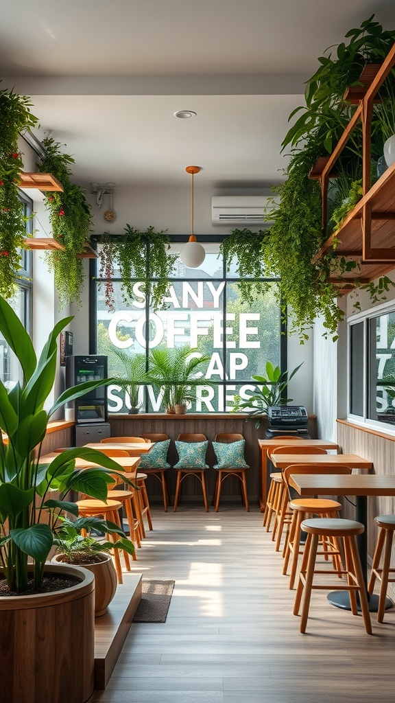 A cozy coffee shop filled with greenery and wooden furniture, featuring large windows and comfortable seating.