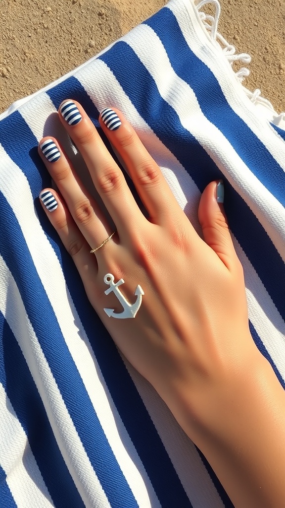 Nautical themed manicure with navy and white striped nails and an anchor ring on a striped towel.