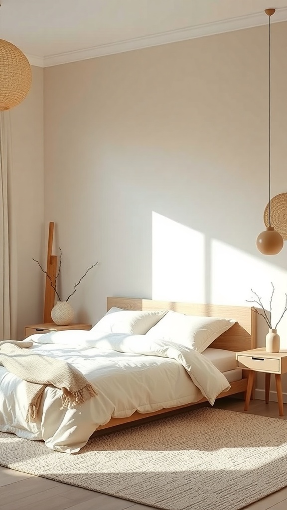 A serene bedroom featuring a neutral color palette with a wooden bed, soft linens, and natural light.