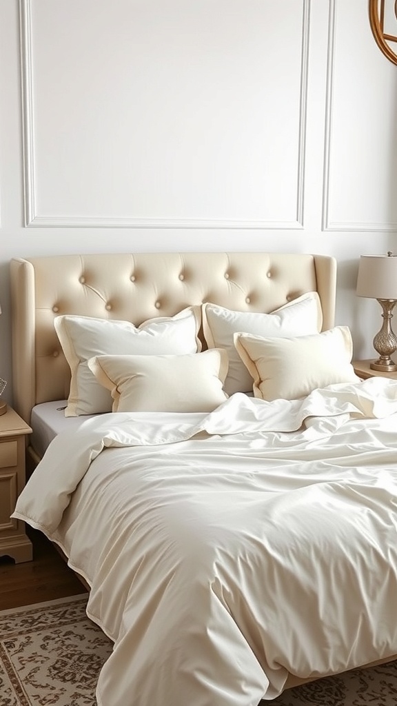 A luxurious bedroom with a cream-colored tufted headboard and plush bedding.
