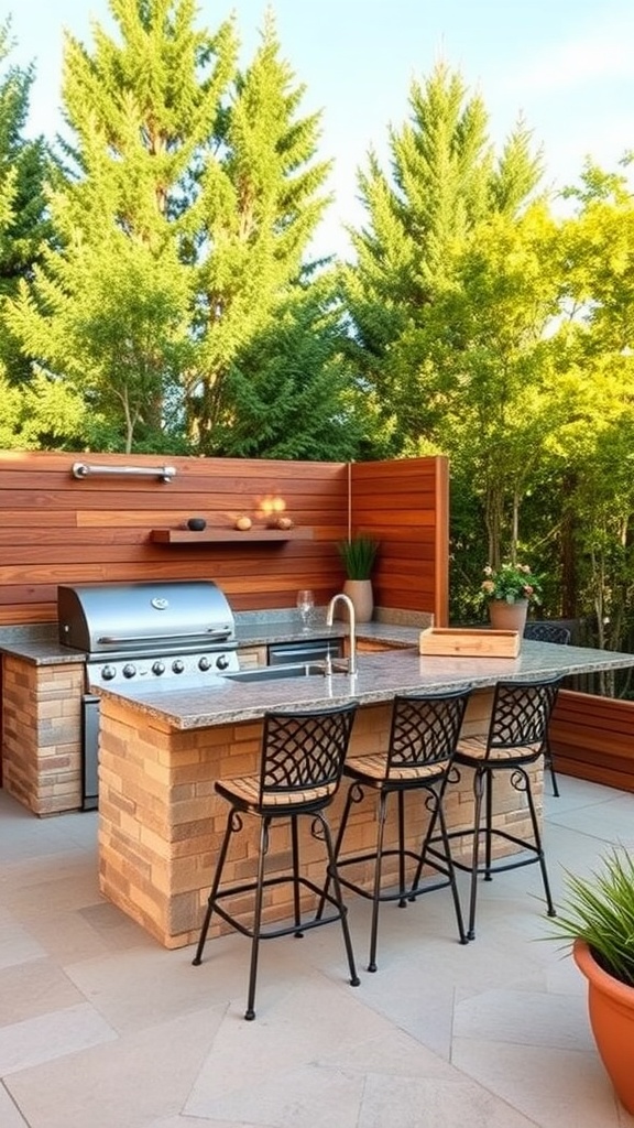 Outdoor kitchen setup with grill, countertop, and bar stools surrounded by greenery.