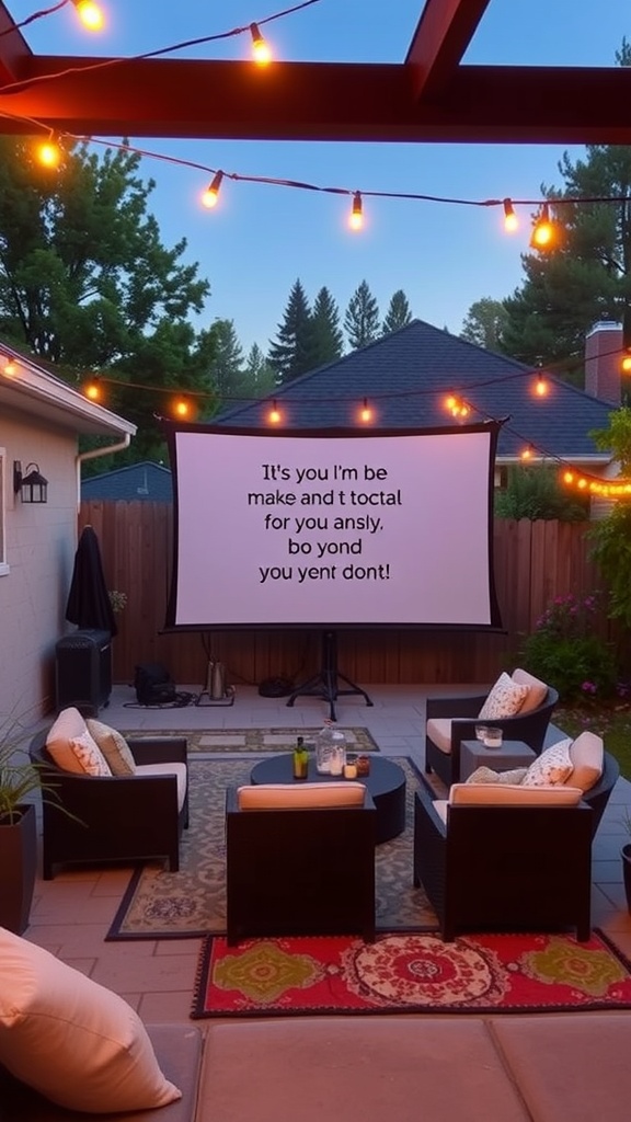 Outdoor movie setup with a large screen, cozy seating, and string lights.