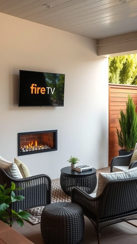 Outdoor patio setup with a Fire TV mounted on the wall, featuring comfortable seating and a cozy fire feature.