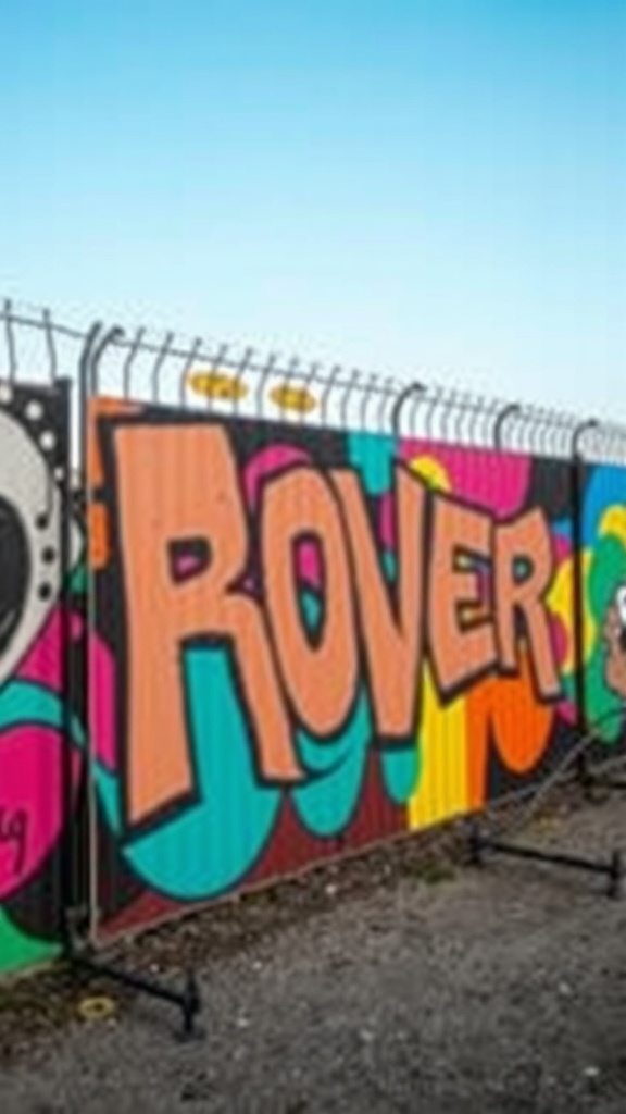Colorful mural on a fence featuring the word 'ROVER' and playful designs.