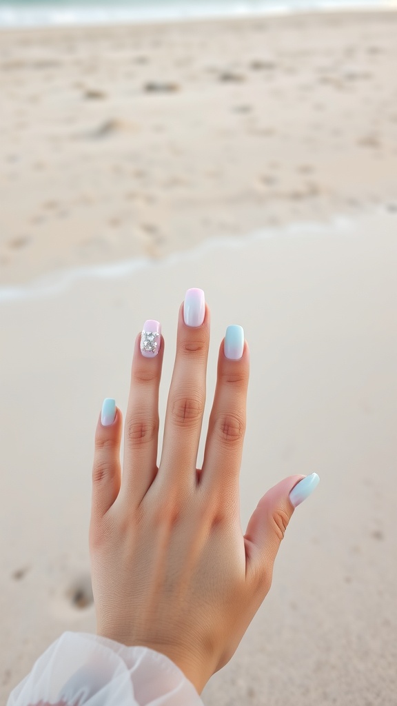 A hand with pastel ombre nails, blending pink and blue colors, with a decorative gem on one nail, against a beach background.