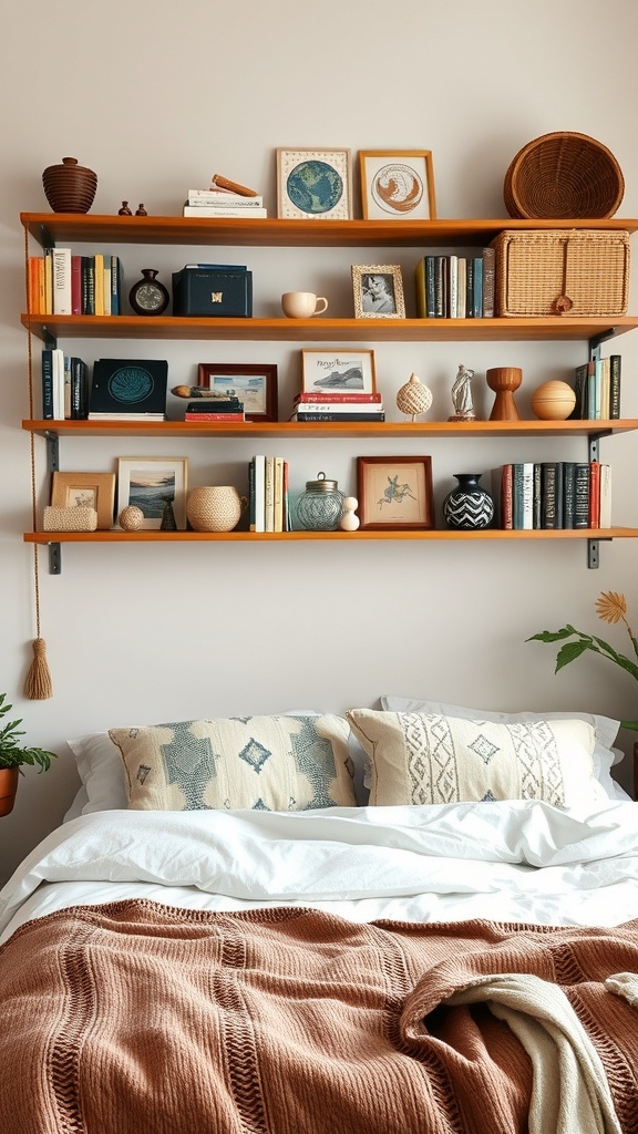A cozy boho bedroom featuring personalized gallery shelves with books, decorative items, and framed photos.