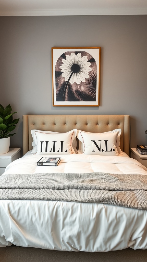 A modern luxury bedroom featuring a floral print artwork, custom pillows, and a cozy bed.
