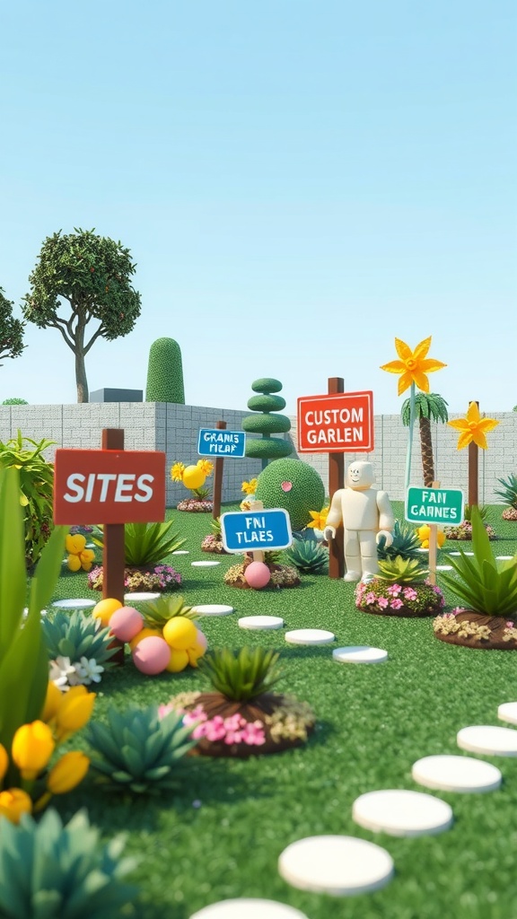 A colorful Roblox garden layout with signs, flowers, and pathways.