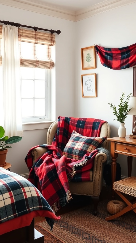 A cozy preppy bedroom featuring plaid patterns in red and navy on blankets and pillows.