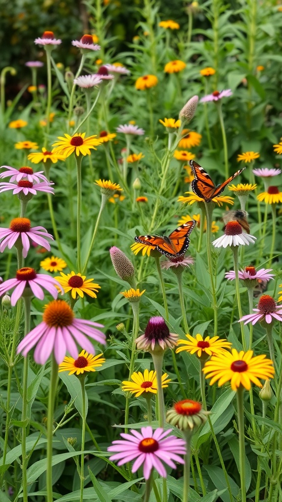A colorful garden filled with purple coneflowers and black-eyed Susans, with butterflies fluttering among the flowers.