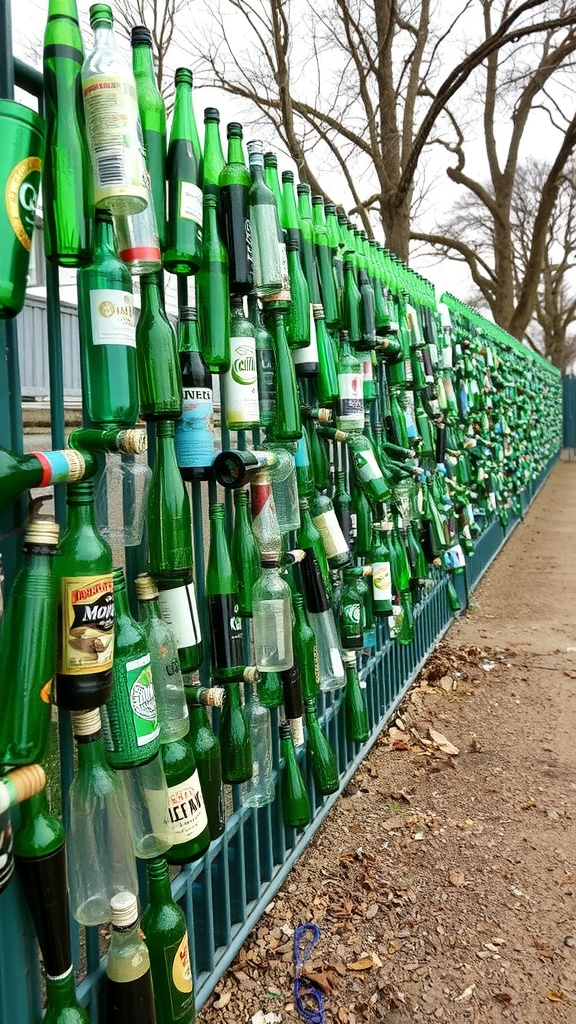 A fence decorated with various green recycled bottles.