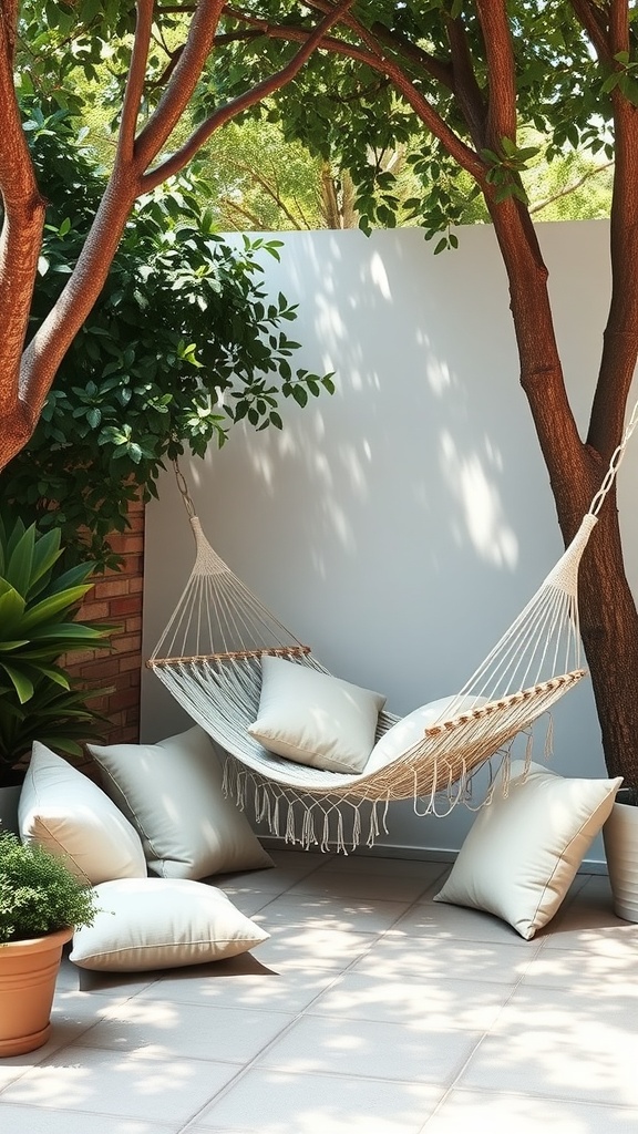 A cozy hammock surrounded by greenery and pillows in a backyard patio.
