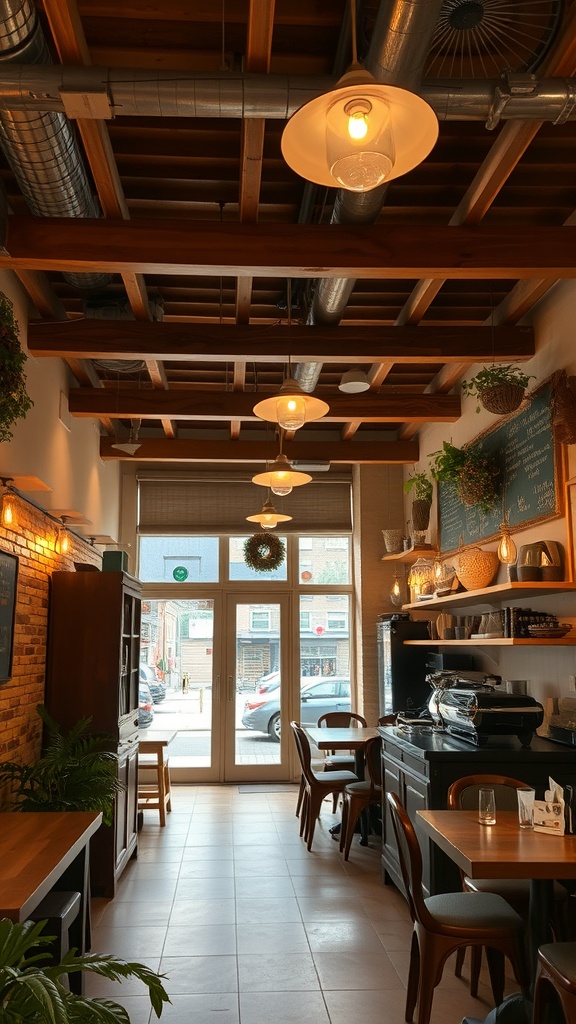 Interior of a coffee shop featuring exposed wooden beams, soft lighting, and plants.