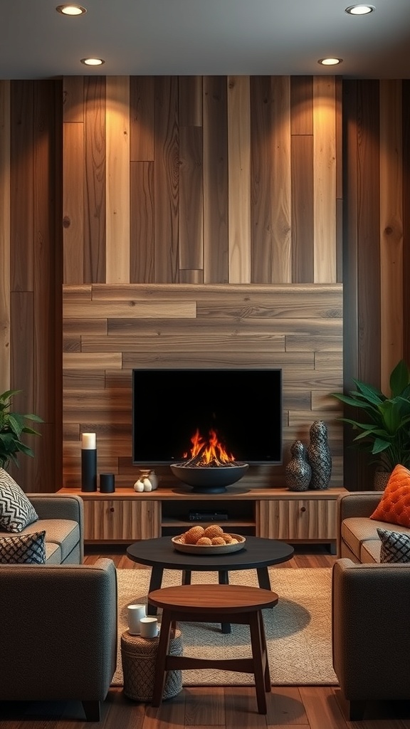 A cozy living room with a rustic wood panel backdrop, featuring a TV, comfortable seating, and decorative elements.