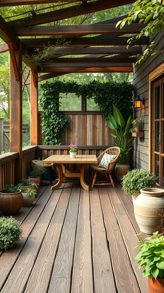 A rustic wooden deck with a table and chairs, surrounded by greenery and potted plants.