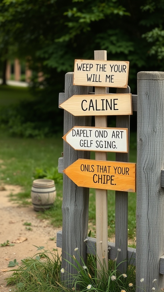 A collection of rustic wooden signs with playful messages, pointing in different directions, attached to a wooden fence.