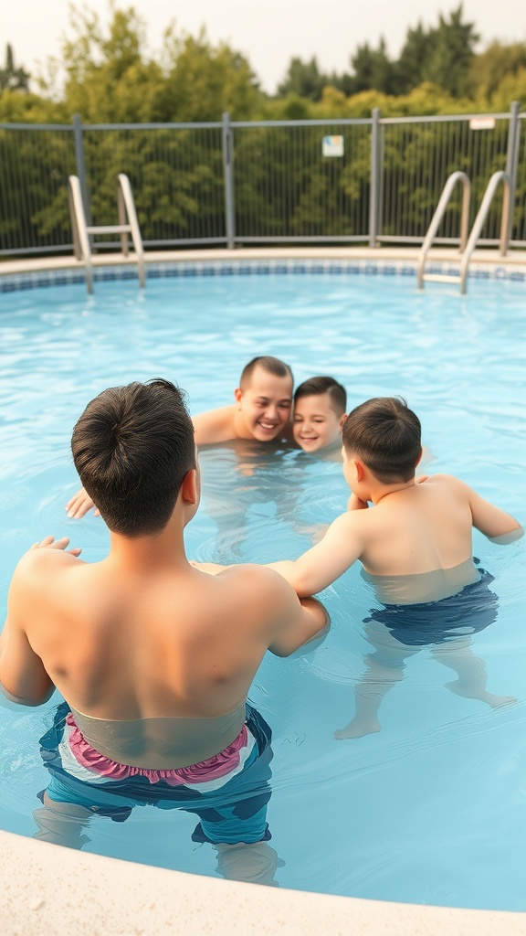 A family enjoying time in an above ground pool, emphasizing the importance of safety features.