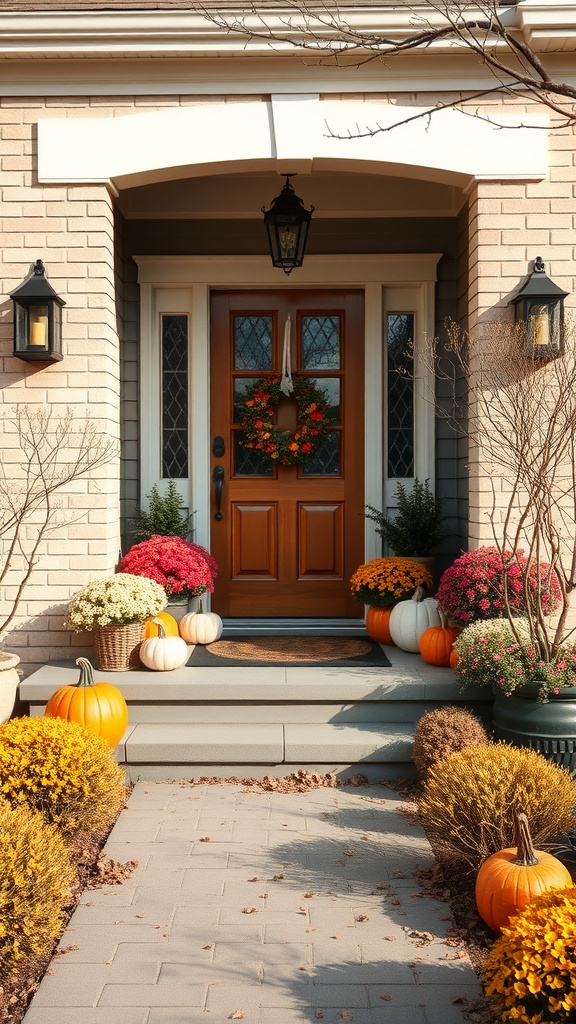 A cozy front entryway decorated for autumn with pumpkins and colorful flowers.