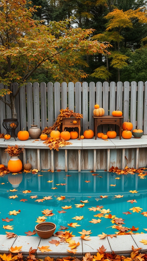 An above ground pool decorated for autumn with pumpkins and colorful leaves.