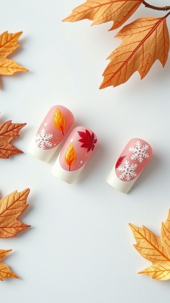 Three French tip nails with seasonal designs: autumn leaves and winter snowflakes on a pink background, surrounded by orange leaves.