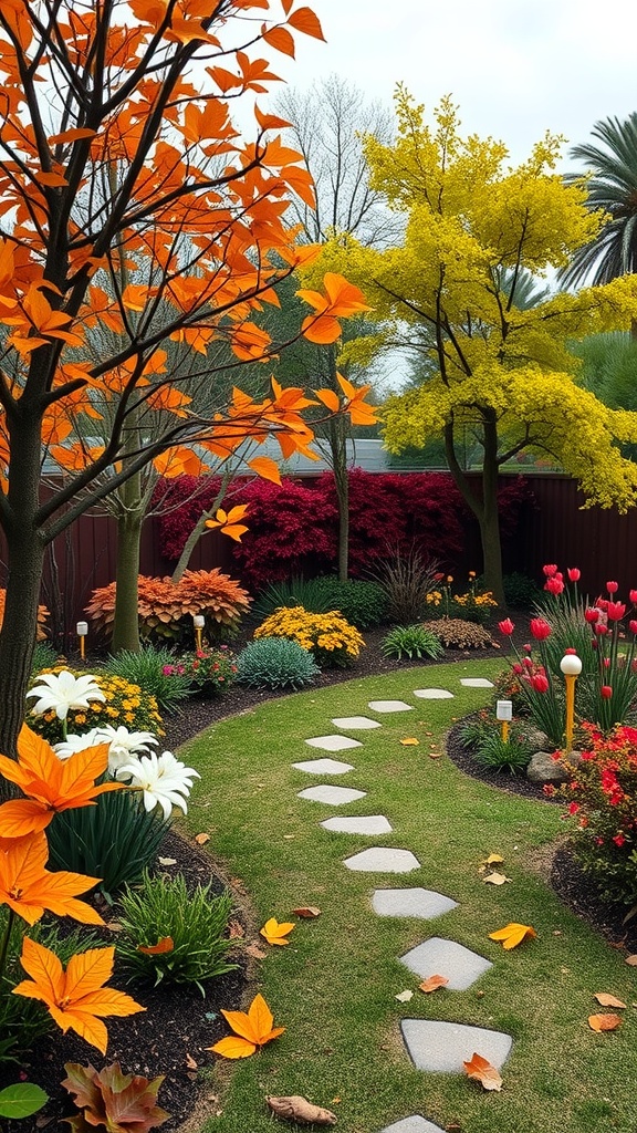 A colorful garden with orange and yellow trees, a stone pathway, and various flowers, representing an autumn theme.