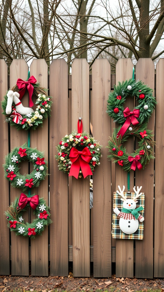 A wooden fence decorated with various seasonal wreaths, featuring red bows and festive designs.