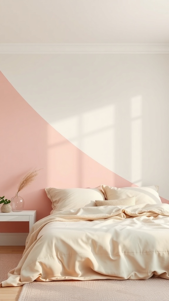A bedroom featuring a pastel pink and white accent wall, with a cozy bed and minimal decor.